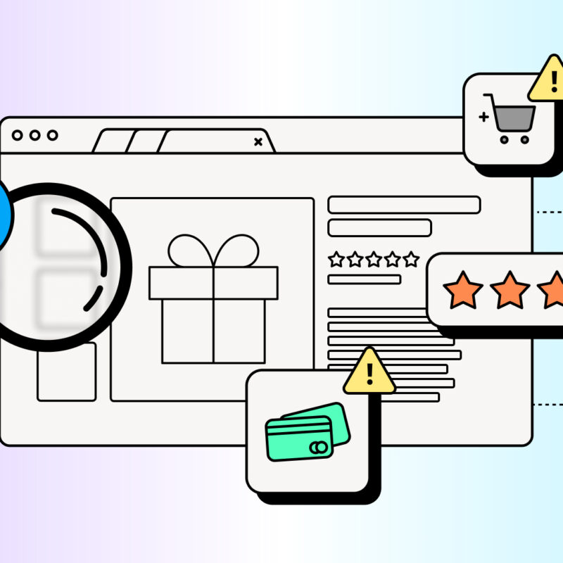 Illustration of an online shopping website with warning icons over a shopping cart, five-star review, and credit card, along with a magnifying glass and a checkmark symbol, representing scrutiny of online product reviews.