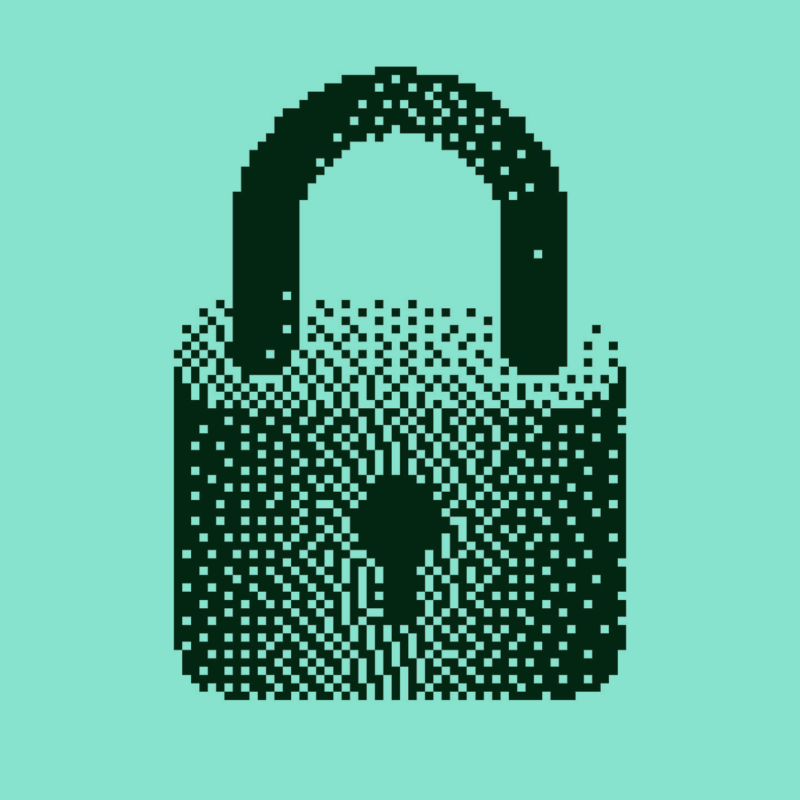 A pixelated padlock icon with a fingerprint pattern, symbolizing digital privacy and security, on a mint green background.