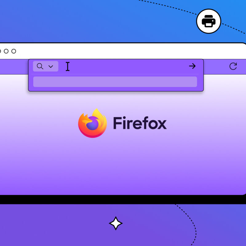 Illustration of a Firefox browser window with a purple search bar and the Firefox logo in the center, surrounded by playful icons for printing, downloading, taking screenshots, and extensions on a blue-to-purple gradient background.