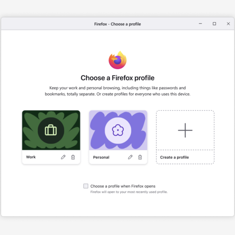 A Firefox browser window labelled “Choose a Firefox profile” with options to select a green “work” profile with a briefcase avatar or a lavender “personal” profile with a flower avatar, create a new profile, or set a specific profile when Firefox opens.